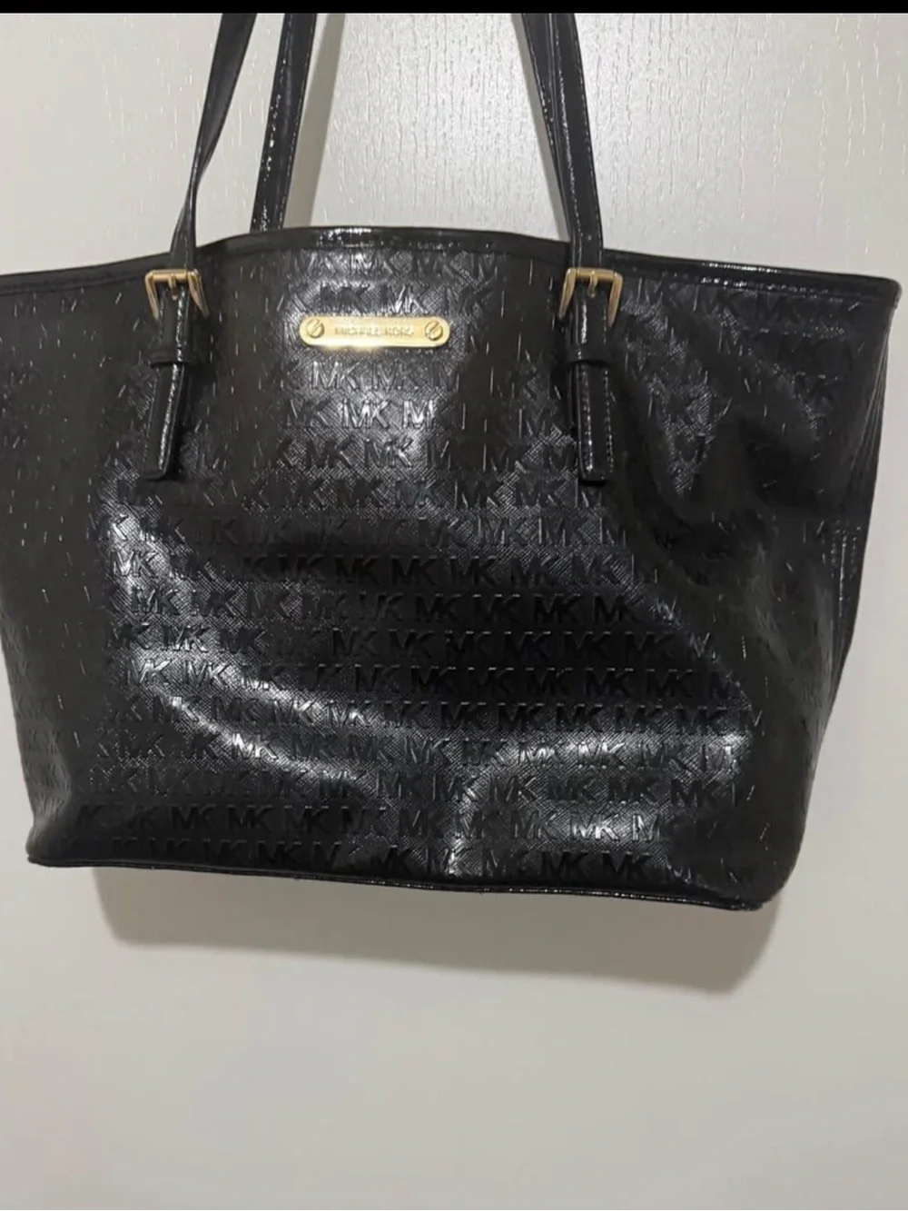Michael Kors Black Embossed MK Patent Tote with Gold Hardware